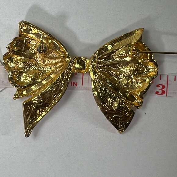 Vtg Gold Tone Bow Brooch Pin Clear and colorful Rhinestones Coat Scarf Hat Hair - Picture 5 of 6